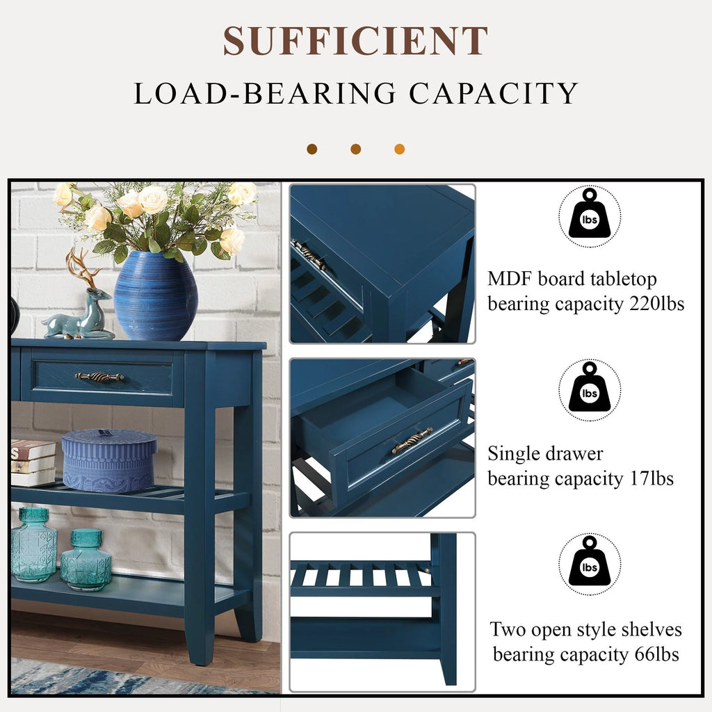 Navy Blue 42'' Solid Wood Console Sofa Table with 2 Drawers and 2 Shelves A414