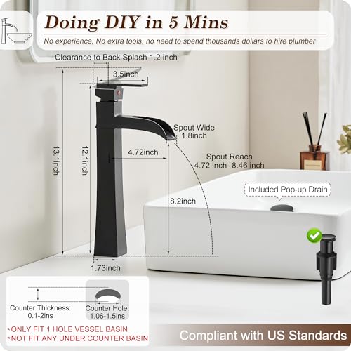 Black 12 Inch Waterfall Tall Single Handle Brass Vessel Sink Faucet U2965