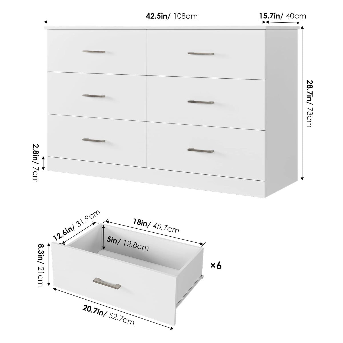 White 6 Drawer Wood Dresser Y6210
