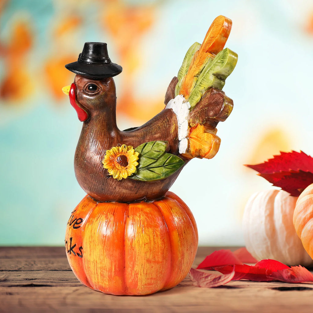 Hand-Painted Turkey Pumpkin Centerpiece Table Decoration with Artificial Maple Leaves Y3302