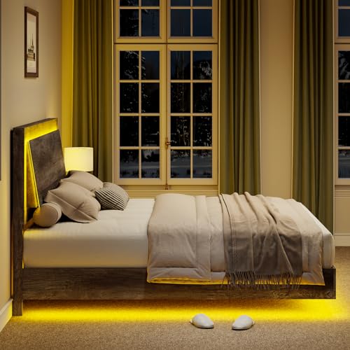 Rustic Grey Full Size Platform Bed Frame with Headboard and LED Light C322524