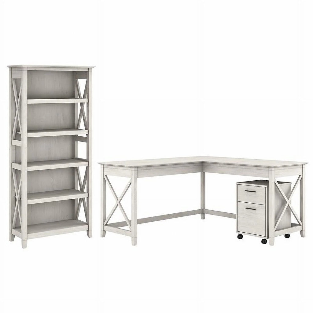 White L Shaped Desk with Drawers & Bookcase K11154