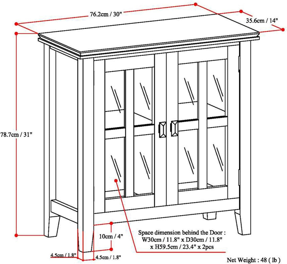 White 30 inch Wide Low Storage Cabinet with 2 Tempered Glass Doors E458208