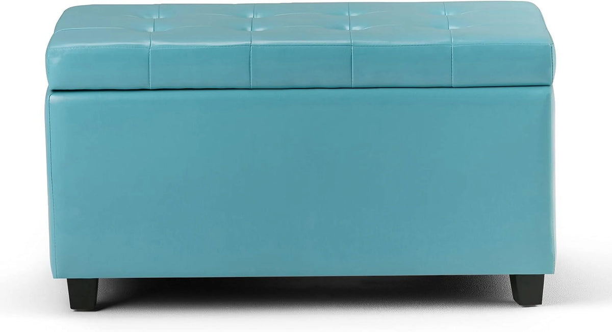 Soft Blue Tufted Faux Leather Lift Top Storage Ottoman N7051