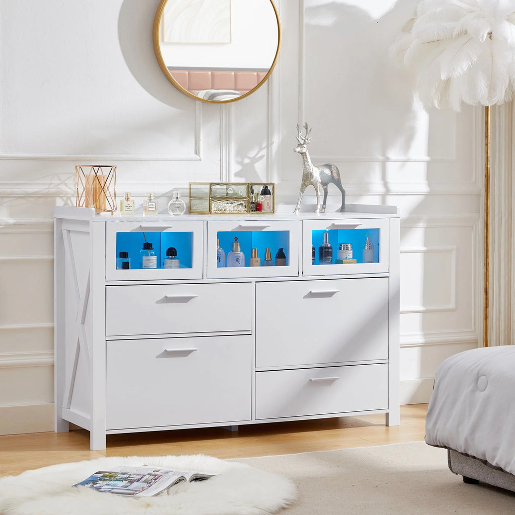 3-Piece Bedroom Set with 7 Drawers LED Dresser and 2 Nightstands, White Q447509