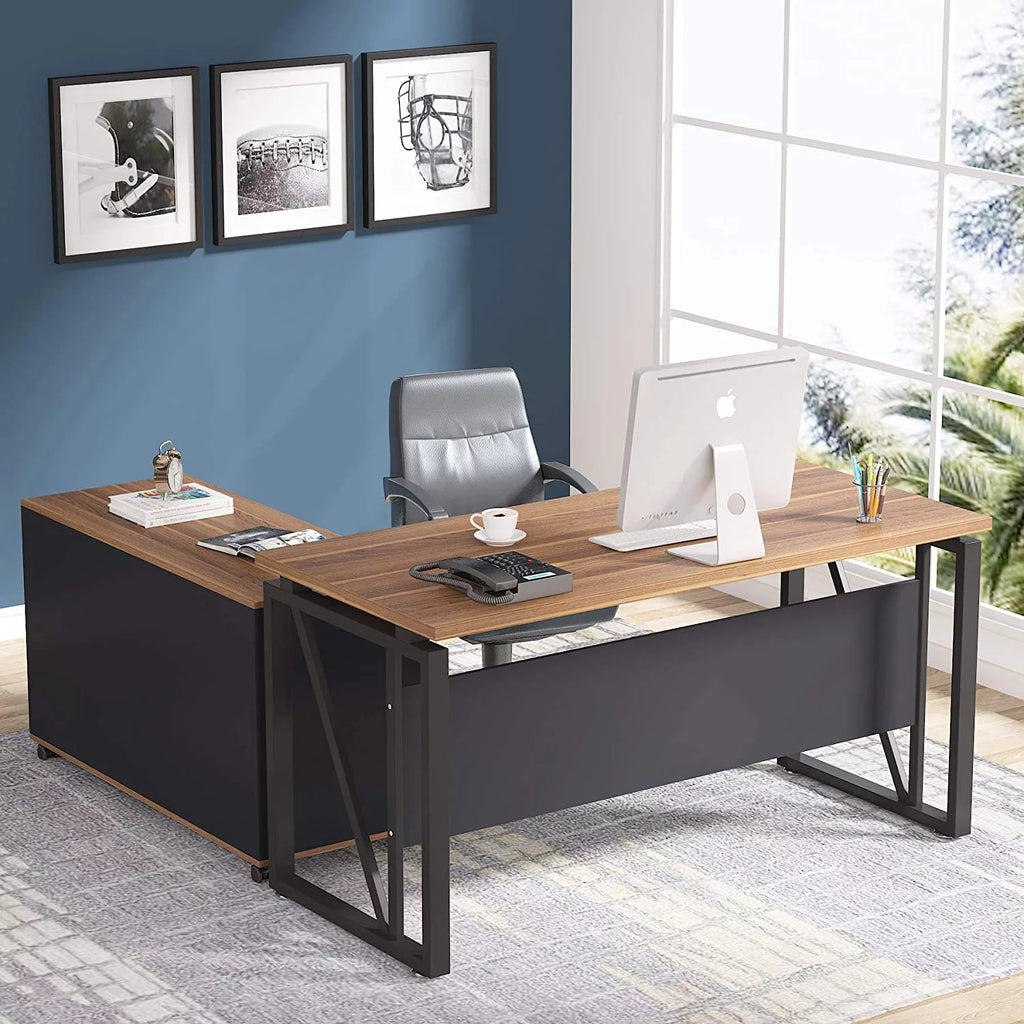 L-Shaped Computer Desk with File Cabinet and Storage Shelves H666384
