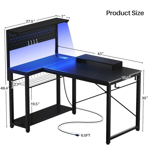 43 Inch L Shaped Computer Desk with Power Outlets A5581