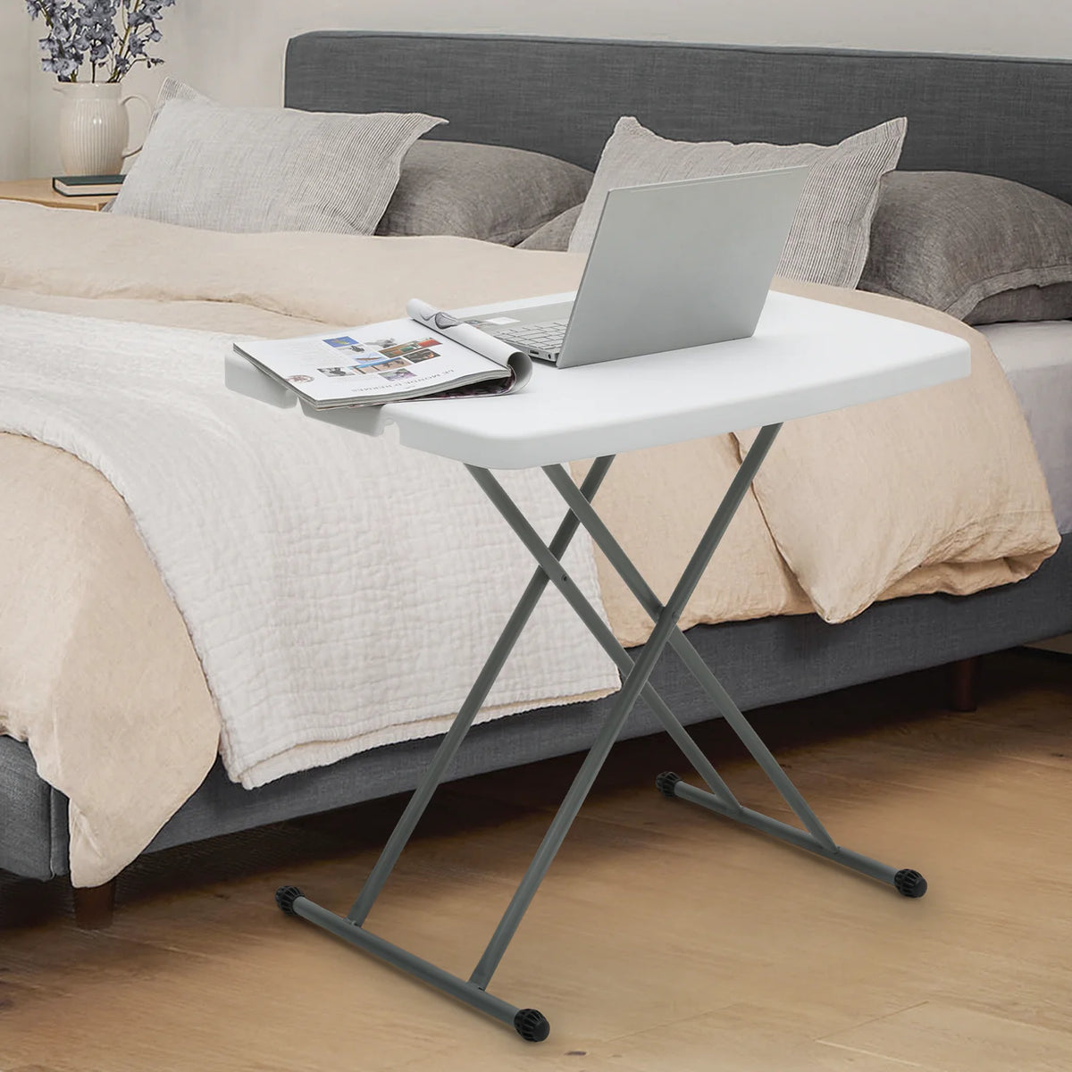 White Foldable TV Tray Table with Metal Frame G916