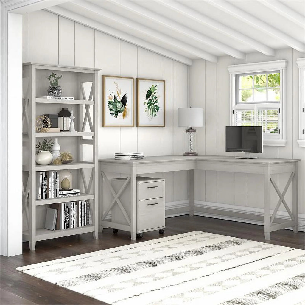 White L Shaped Desk with Drawers & Bookcase K11154