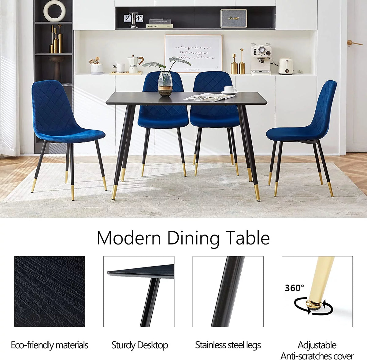 Faux Wood Rectangular Dining Table Set for 4 with Velvet Chairs N6633