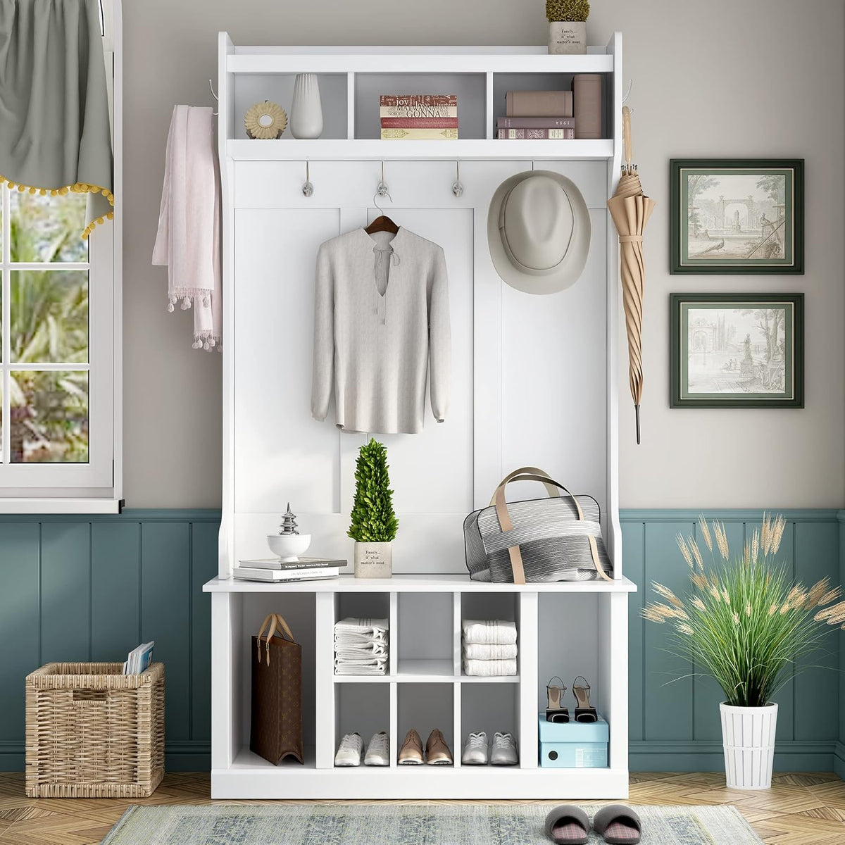White Hall Tree with Bench and 6 Hooks C568529