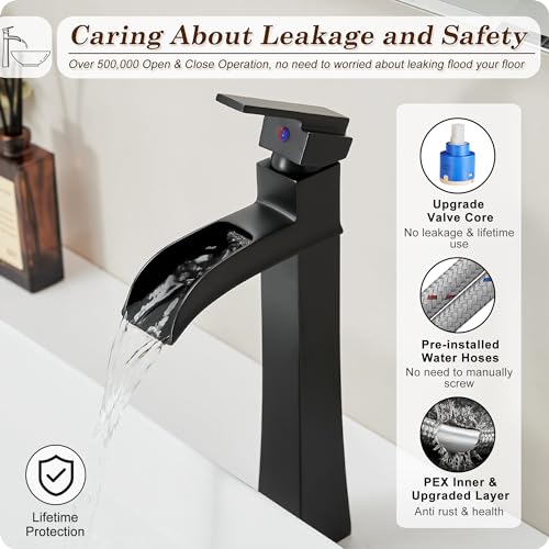 Black 12 Inch Waterfall Tall Single Handle Brass Vessel Sink Faucet U2965