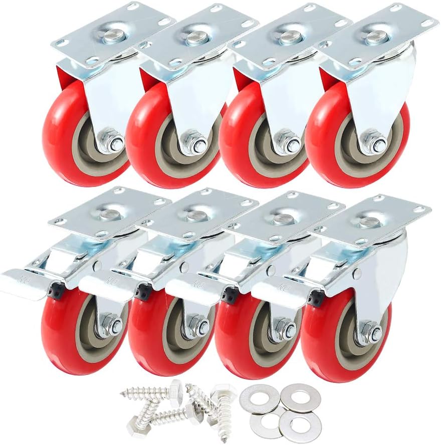 8 Pack 4 Caster Wheels Swivel 360 Degree with Brake Red Polyurethane G4109