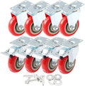 8 Pack 4 Caster Wheels Swivel 360 Degree with Brake Red Polyurethane G4109