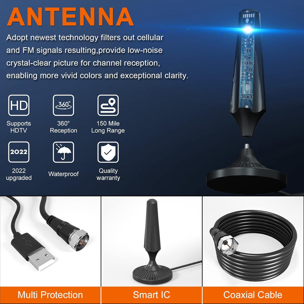 Indoor Amplified HDTV Antenna 300 Miles with 13.4ft Coax Cable F308