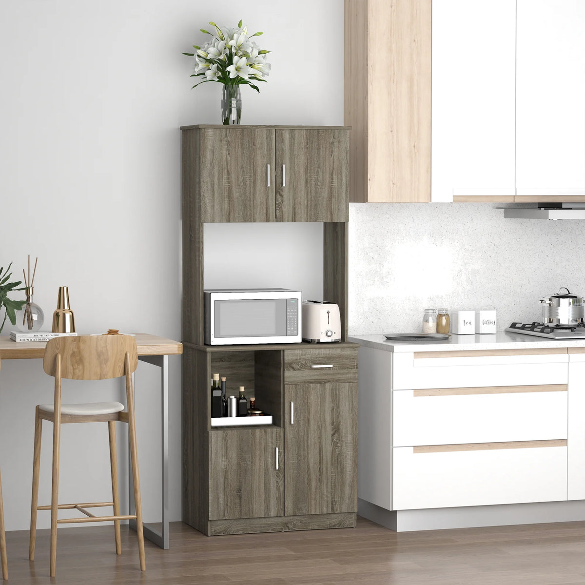 Gray Kitchen Pantry Storage Cabinet with Microwave Stand J81440