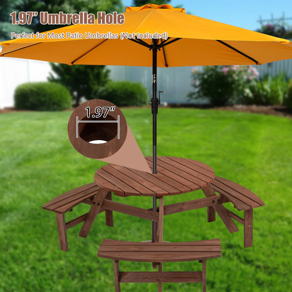 6-Person Outdoor Wooden Picnic Table with 3 Built-in Benches Y622478