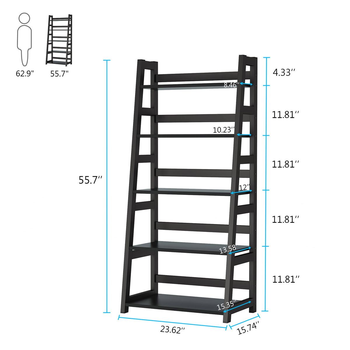 Walnut/Black 5-Tier Bookshelf Z5993