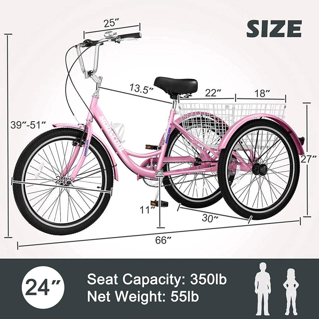 Adult Tricycle 24 inch 7 Speed 3 Wheel Bike with Large Size Basket E998