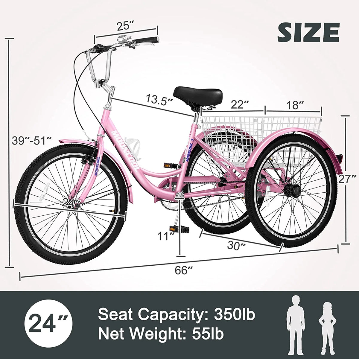 Adult Tricycle 24 inch 7 Speed 3 Wheel Bike with Large Size Basket E998