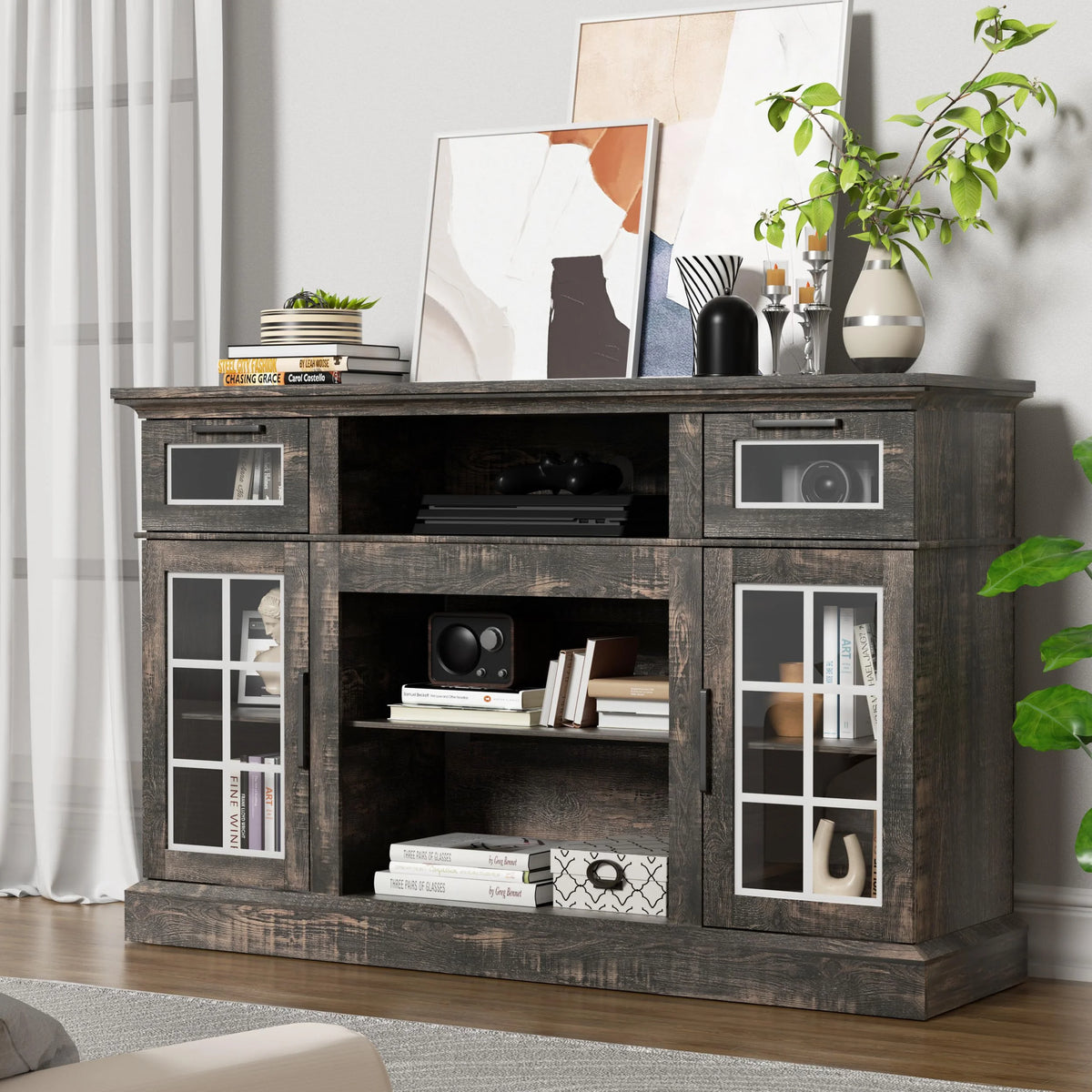 Dark Oak Tall TV Stand with Glass Door X13395