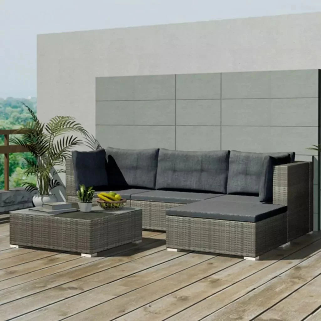 5 Piece Cushioned Sofa and Corner Sofas with Footrest Tea Table Gray Poly Rattan Outdoor Furniture Set U743371
