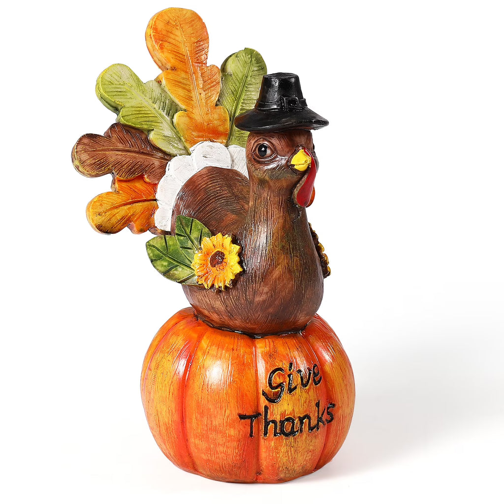 Hand-Painted Turkey Pumpkin Centerpiece Table Decoration with Artificial Maple Leaves Y3302