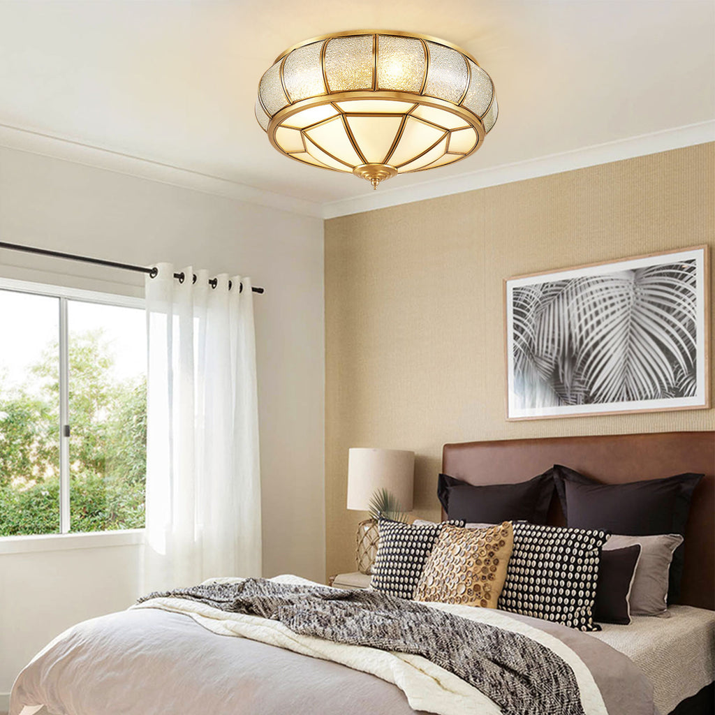 18" Antique Brass Semi Flush Mount Ceiling Light Fixture with Art Colorful Glass Shade D6344