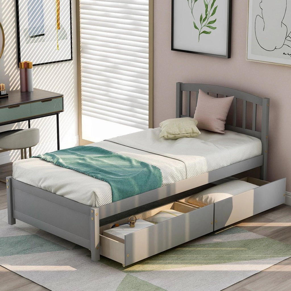 Twin Size Wood Platform Bed with Storage and 2 Drawers K9650