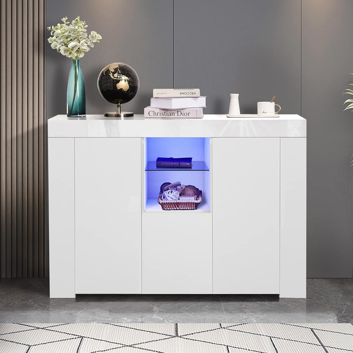 White 3 Door Sideboard Buffet Storage Cabinet with LED Light C252