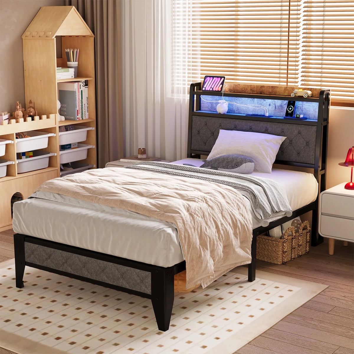 Twin Size Metal Bed Frame with Storage Headboard S4674