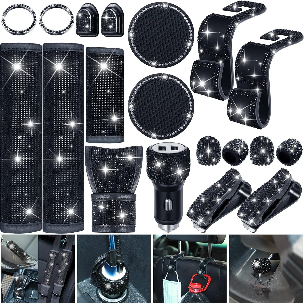 19 Pcs Bling Car Accessories Set (White) C916