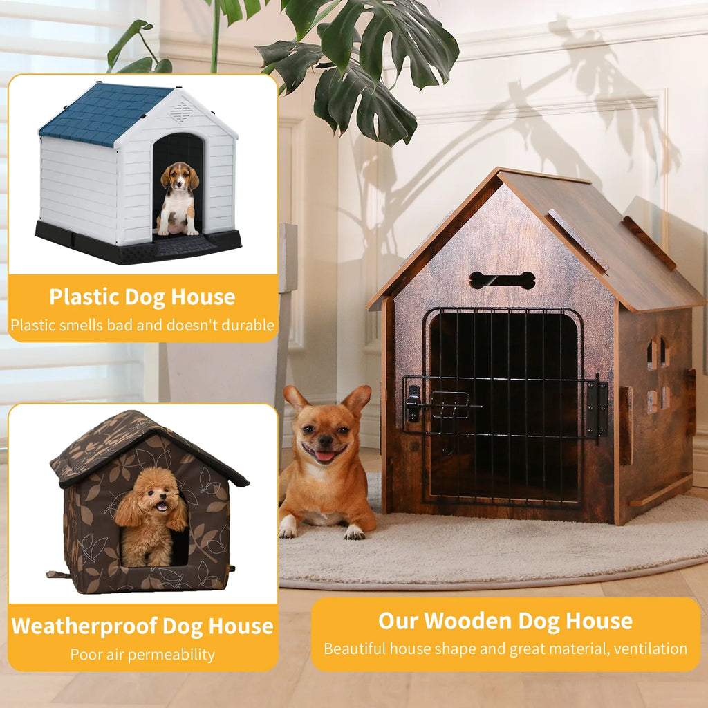Brown Wooden Dog House with Door and Roof T161448