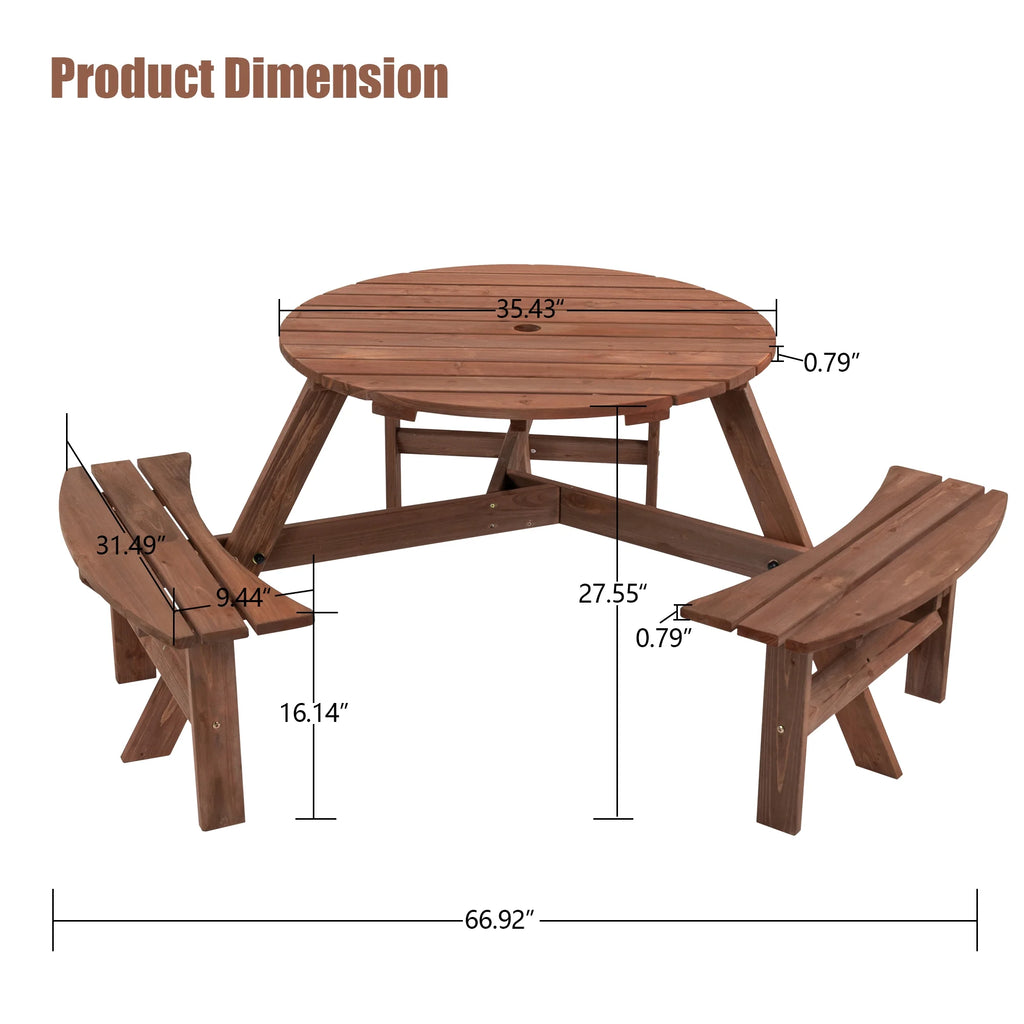 6-Person Outdoor Wooden Picnic Table with 3 Built-in Benches Y622478