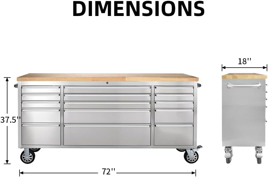 72-inch Stainless Steel Rolling Tool Chest with 15 Drawers C68048