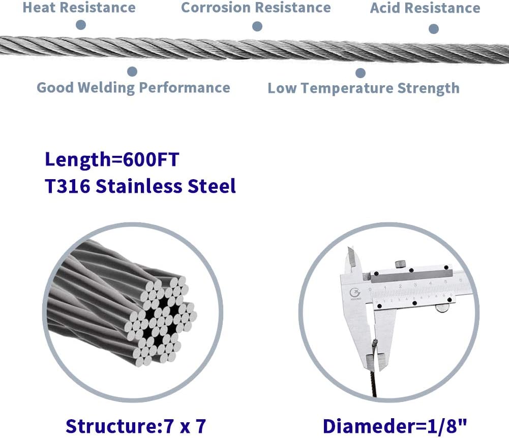 1/8 T316 Stainless Steel Cable with Cutter, 600FT 7 x 7 Strands Wire Rope O88191