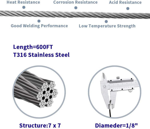 1/8 T316 Stainless Steel Cable with Cutter, 600FT 7 x 7 Strands Wire Rope O88191