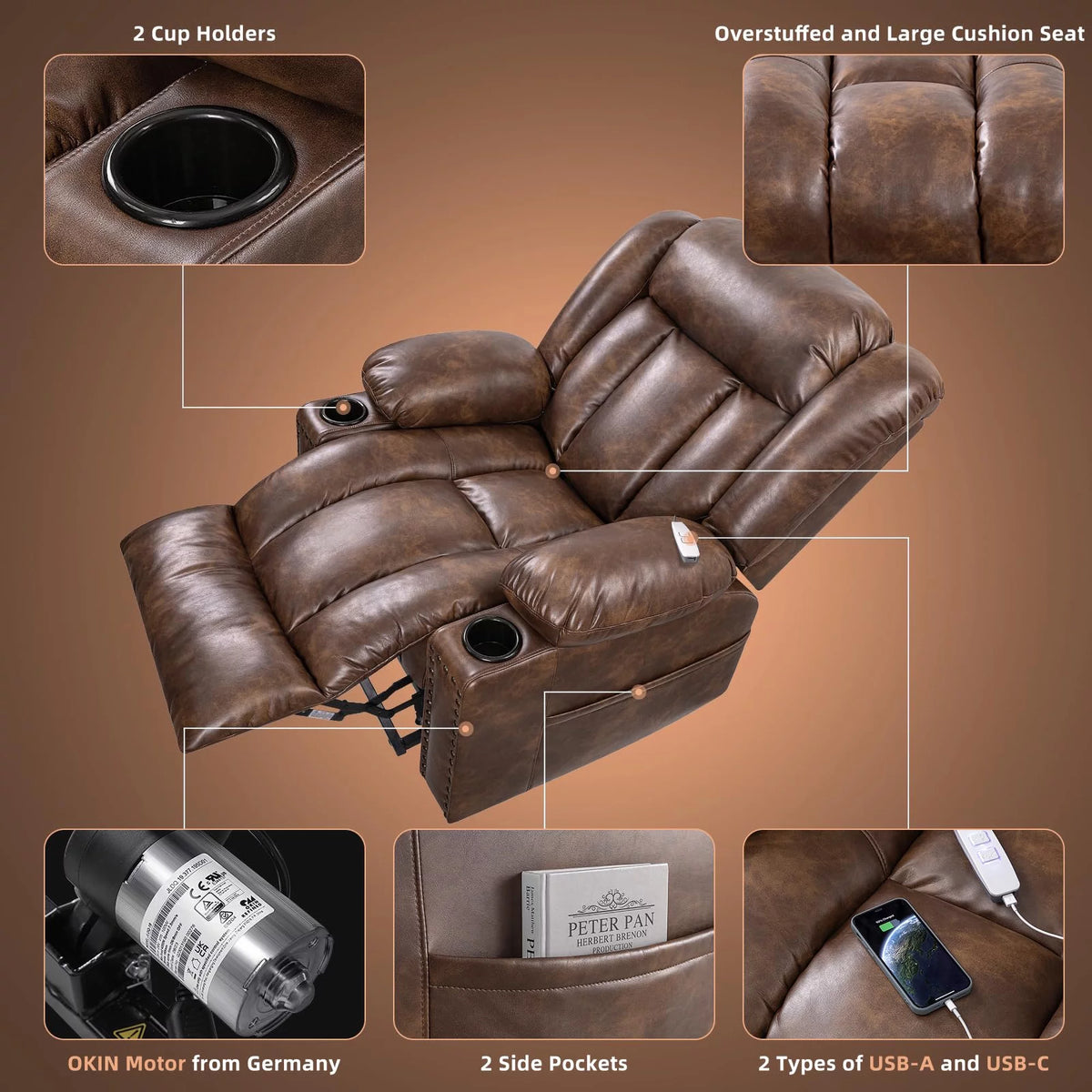 Brown Wide Breathable Leather Power Lift Recliner with Massage and Heat U943362