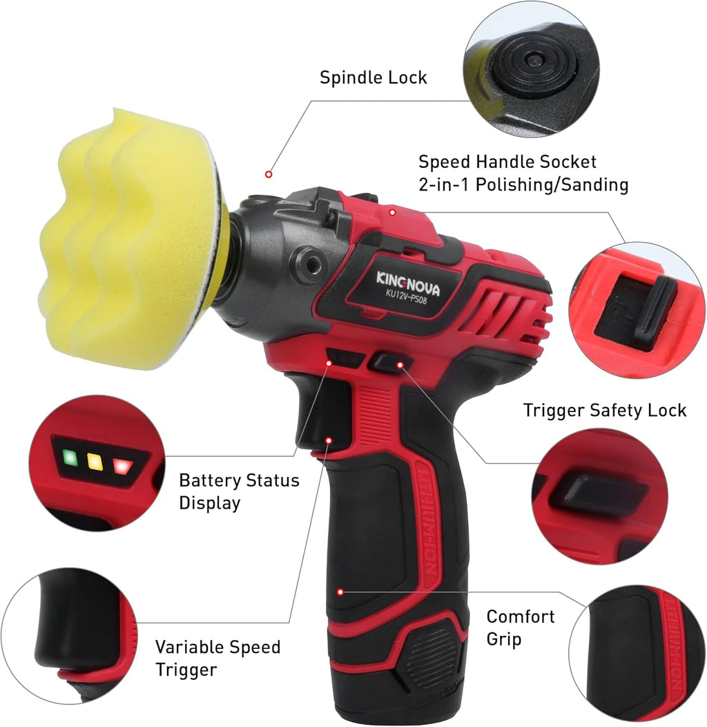 12V Cordless Buffer Polisher Variable Speed 2.0Ah Battery 0-2800/8300 RPM Mini Buffer F5672
