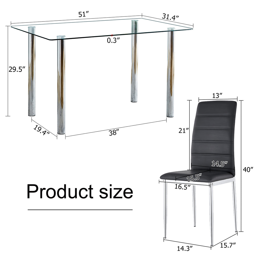 5 Piece Glass Dining Table Set with 4 Black PU Leather Chairs and Metal Legs L613153