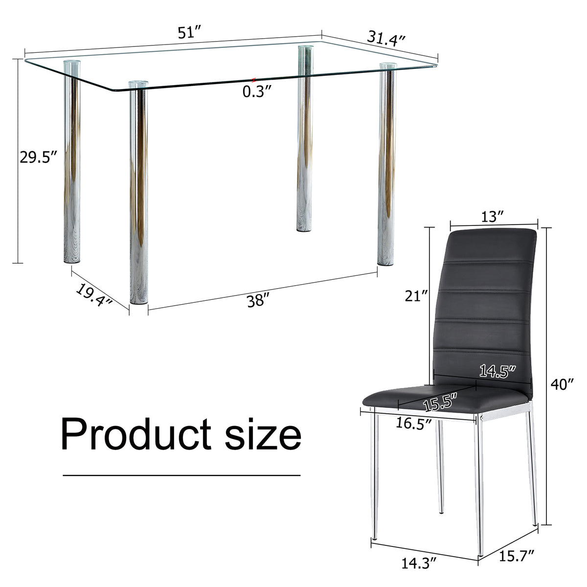 5 Piece Glass Dining Table Set with 4 Black PU Leather Chairs and Metal Legs L613153