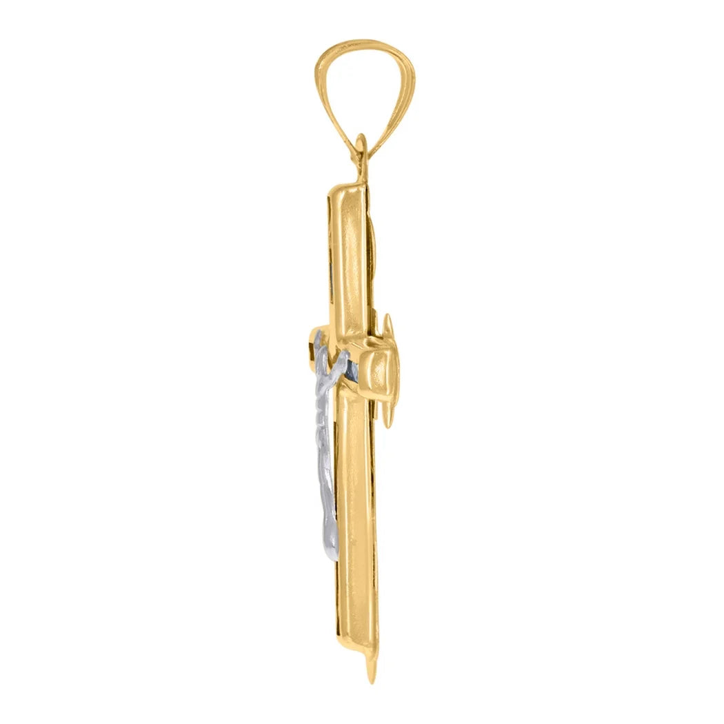 10k Two Tone Gold Mens CZ Cubic Zirconia Simulated Diamond Crucifix Cross Pendant Necklace P550