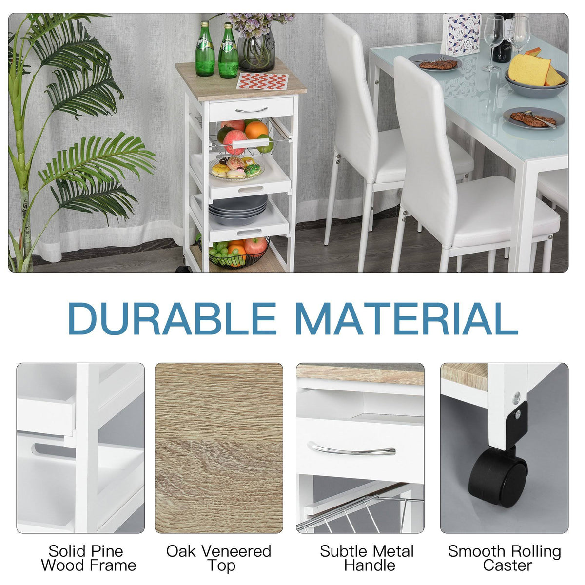 White Mobile Rolling Kitchen Island Trolley Serving Cart with Drawer and Wire Storage Basket P4691