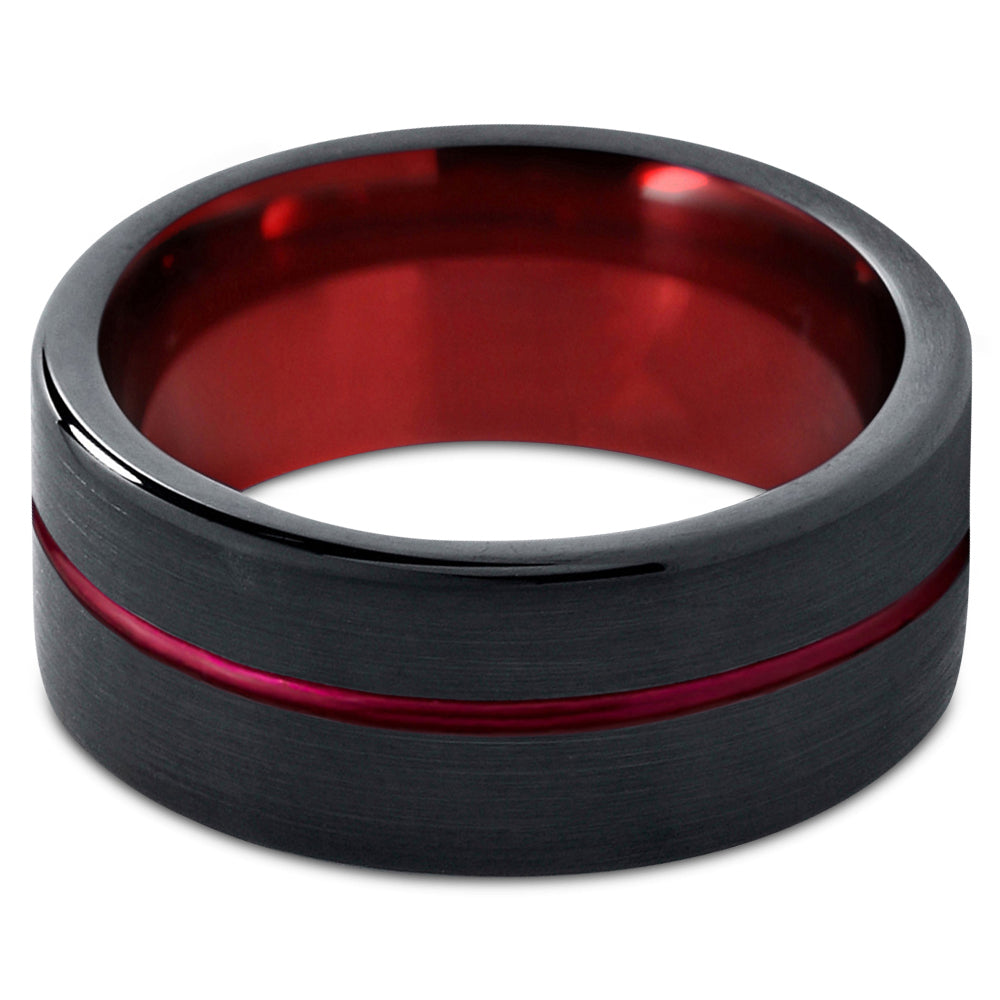 Tungsten Wedding Band Ring 10mm Red Black Brushed Polished N60922