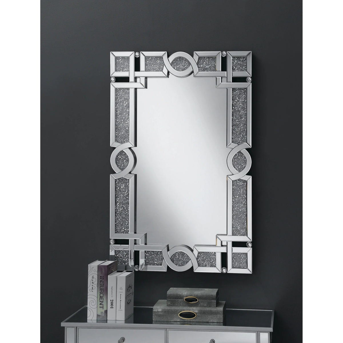 Silver Wall Mirror with Iridescent Panels and Beads R465198