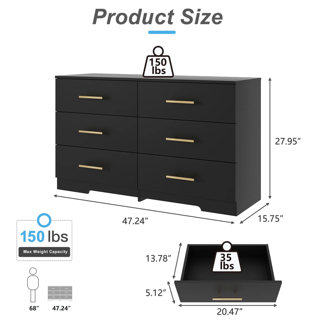 Black 6 Drawer Wood Dresser O735790
