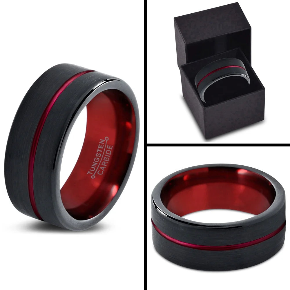 Tungsten Wedding Band Ring 10mm Red Black Brushed Polished N60922