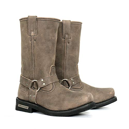 Stone Wash Brown 11-inch Tall Harness Leather Boots Q11821