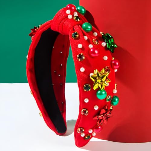 2 Pack Red Green Pearl Rhinestone Crystal Christmas Headband A31857