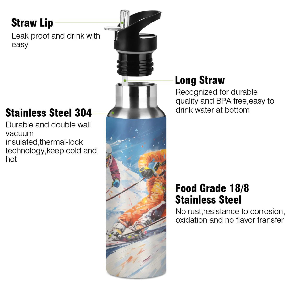 Stainless Steel Insulated Thermos Vacuum Flask Water Bottle with Straw Lid R19691